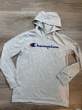 Champion Light Gray Long Sleeve Tee w/ Hood boys large 14/16